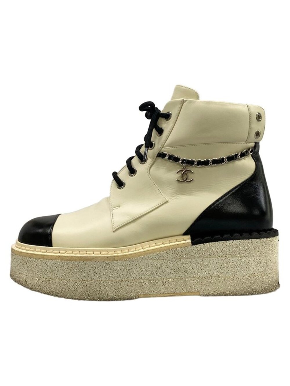 Chanel Short Boots 38.5 C Ivory Black Silver Chain CC Logo Leather